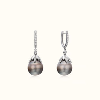 South Sea Pearl and Diamond Drop Huggie Earrings in 14K White Gold