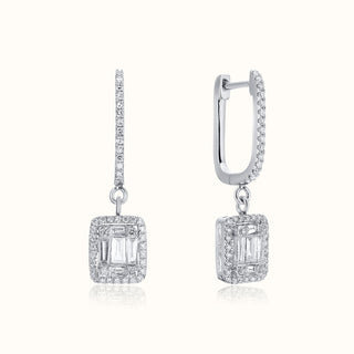 Diamond & Baguette Drop Huggie Earrings in 14K White Gold