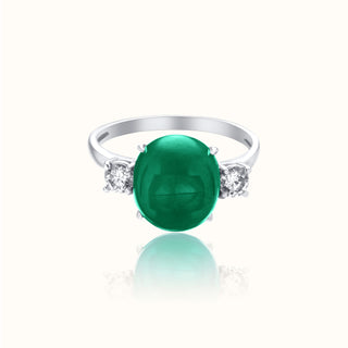 Emerald Cabochon & Diamond Statement Ring in 14K White Gold