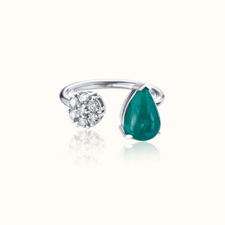 Emerald Cabochon & Diamond Ring in 14K White Gold